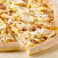 Hawaiian BBQ Chicken Pizza · BBQ sauce, grilled all-white chicken, bacon, onions and pineapple.
