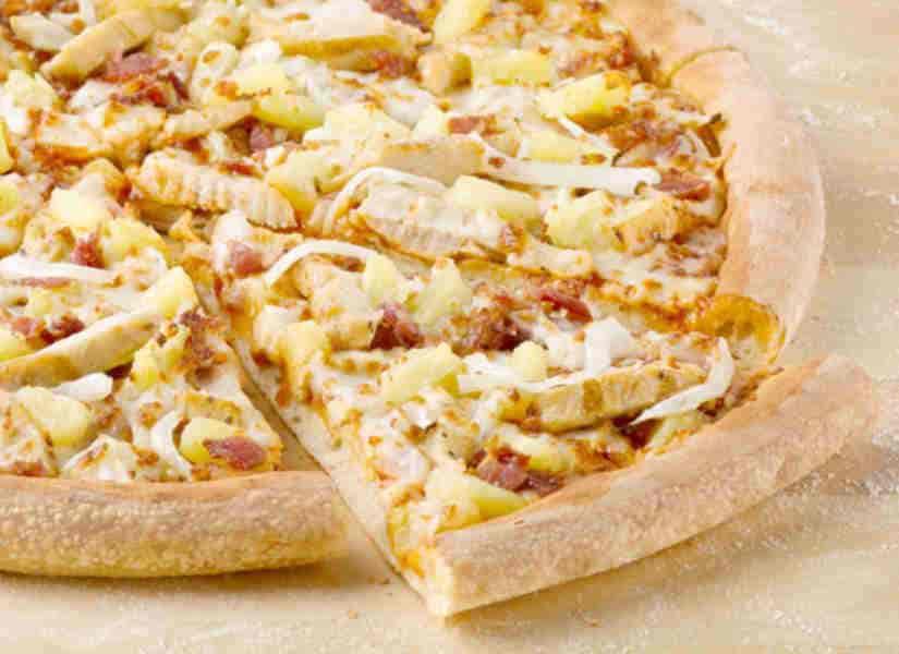 Hawaiian BBQ Chicken Pizza · BBQ sauce with chicken, bacon, onions and pineapple.