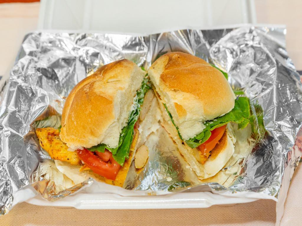 Grilled Chicken Sandwich · Grilled chicken, lettuce, tomatoes and mayo.