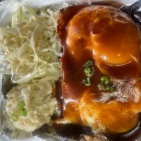 Loco Moco Plate · Handmade beef patty, 2 sunny side up eggs, topped with gravy.