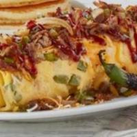 NEW JERSEY MEAT OMELETTE · stuffed with bacon,sausage,ham,beef,green and red peppers,onions,coverd with jack and chedda...