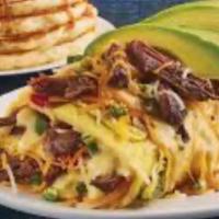 CALIFORNIA HEAT OMELETTE · stuffed with poblano peppers,red peppers,onions,pork sausage,jack and cheddar cheese mix,fre...