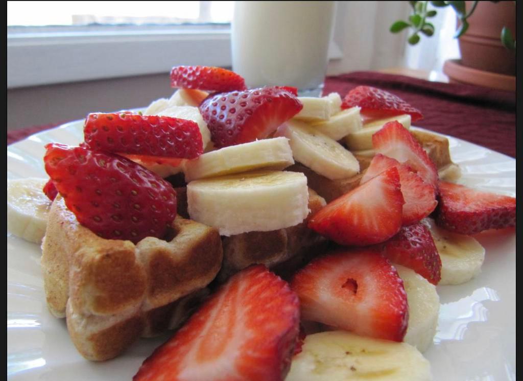 WAFFLE WITH FRESH STRAWBERRY AND BANNANAS · fresh strawberry and banana maple syrup,powder sugar whip cream(add toppings)