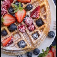 WAFFLE WITH FRESH MIX FRUITS · fresh mix fruits ,powder sugar,mapple syrup whip cream(add toppings)