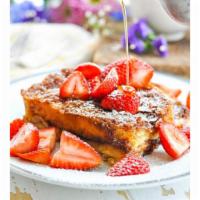 FRENCH TOAST WITH STRAWBERRY · mapple syrup,whip cream and powder sugar