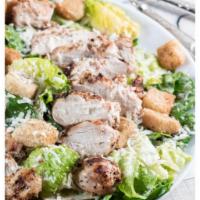CAESAR SALAD WITH GRILLED CHICKEN BREAST · grilled chicken breast,romaine lettuce,grated cheese,parm cheese,crootons