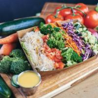 The Thai Noodle Salad · Romaine, mung bean noodles, steamed broccoli, red cabbage, tomatoes, cucumber, shredded carr...