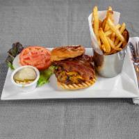 Jane Street Burger · Cheddar, BBQ sauce, frizzled onions, lettuce, tomato, raw onion.