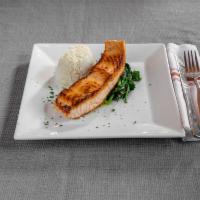 Seared Wild Scottish Salmon · Orange beurre blanc, basmati rice and choice of vegetable.