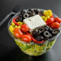 Greek Salad · Lettuce, feta cheese, Kalamata olives, tomatoes, cucumbers, bell and banana peppers.