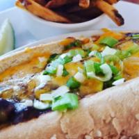 Damn Good Chili Dog · Quarter pound all-beef Angus hot dog smothered with housemade chili & topped with melted che...