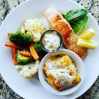 Fresh Salmon · Fresh salmon filet broiled to perfection & served with seasonal vegetables and baked potato ...