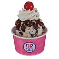 1 Scoop Sundae · Your choice of a 4 Oz scoop of ice cream topped with your choice of wet topping, chopped almonds and a cherry.
