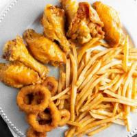 Chicken Wings with Fries · Served with choice of onion rings or fries.