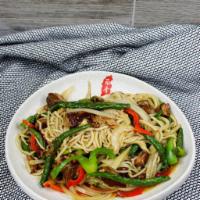 1. String Bean and Pork Belly Fried Noodles · Braised pork belly, string bean, onion and bell pepper.