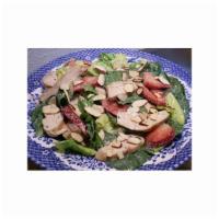 Baby Spinach Salad with Grilled Chicken · Baby spinach, grape tomato, roasted pine nuts, roasted red peppers, Parmesan cheese and almo...