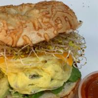 16. California Dream Sandwich · Toasted bagel with egg, cheese, mushrooms, salsa, sprouts, and avocado. Add soup for an addi...