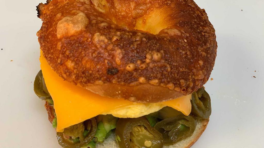15. Mexican Fiesta Sandwich · Toasted bagel with egg, cheese, jalapenos, and avocado. Add soup for an additional charge.