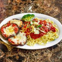 Eggplant Parmesan · Baked breaded Eggplant topped with marinara sauce, Parmesan and mozzarella cheese. Served wi...
