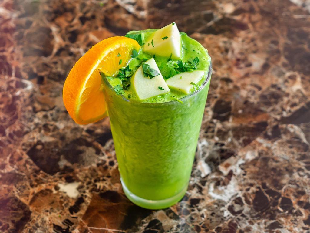 Green Goddess Smoothie · Apple, Banana, Kale, Spinach, Parsley, Ginger and Orange juice. No added sugar