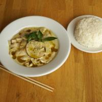 Green Curry · Sweet and spicy green curry paste, coconut milk, egg plant, bell pepper, bamboo shoot, lime ...