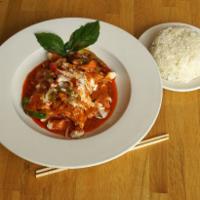 Pad Panang Curry · Spicy panage curry paste stir fired with coconut milk, bell peppers, and basil. Gluten-free,...