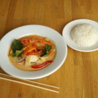 Red Curry · Spicy Red Curry Paste, Coconut Milk, Eggplant , Bell Peppers, Bamboo Shoot, Lime Leaves & Ba...