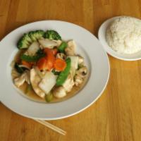 Pad Ruom Mid · Seasonal vegetables are stir-fried in homemade sauce. Served with jasmine rice