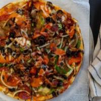 Garbage Pizza · Black olives, green peppers, onions, mushrooms, hamburger, sausage, ham, bacon, salami, toma...