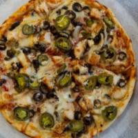 Mexican Pizza · Grilled chicken, jalapenos, onions, black olives, our mozzarella blend, sour cream and salsa...
