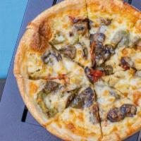 Tuscan Pizza · Artichoke hearts,no red sauce. Sun-dried tomatoes, roasted peppers, olive oil and our mozzar...