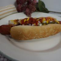 Hot Dog Sandwich · Freshly made all beef hot dog with onion, relish, ketchup, and mustard.
