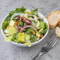 Fantasia Salad · Fresh romaine lettuce, pitted black olives, tomatoes wedges.
red onion.