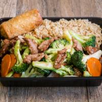 Beef and Broccoli · Includes fried or steamed rice and an eggroll.