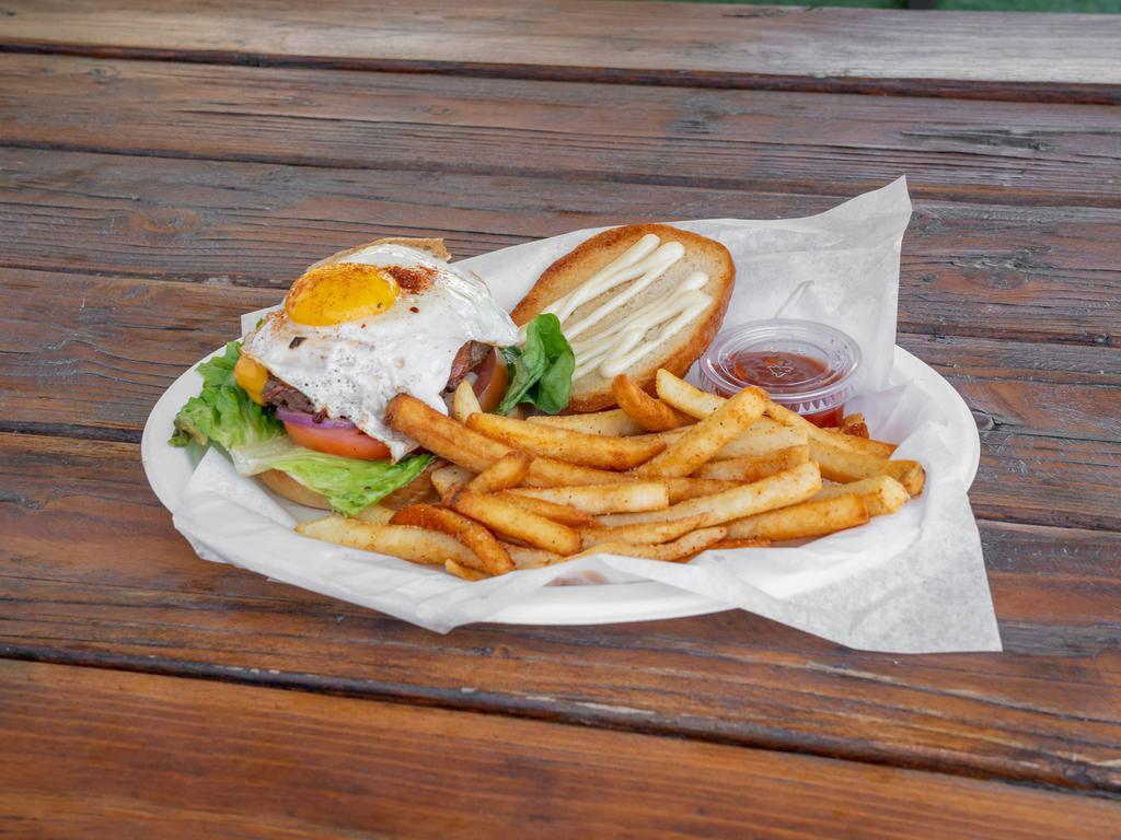 Chef's Special Burger · 8 oz. fresh Angus garlic and onion made burger, served with tomato, lettuce and sotai onion, bacon and fried egg on top, includes fries on the side.