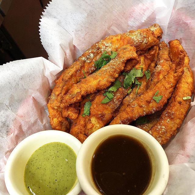FIsh Pakora · A lightly battered fish fry in Indian spices, ginger+garlic paste, and chickpea flour served with house chutney