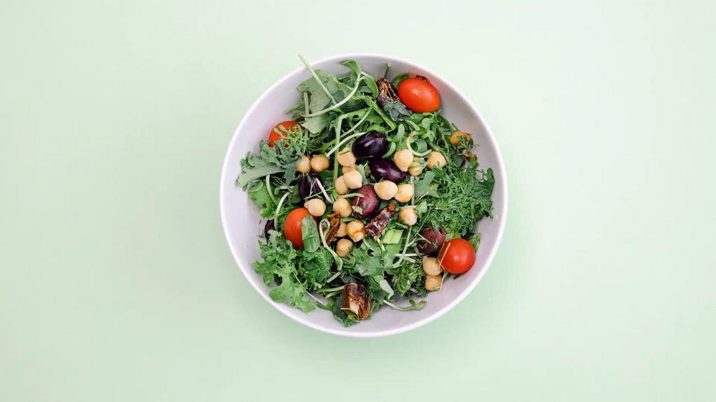 Belle Isle Salad · Planted Detroit Ingredients: red Russian kale, lacinato kale, scarlet frill, sun shoots, dill, parsley. Toppings: garbanzo beans, grape tomatoes, dates, Kalamata olives, green onions. Dressing: Mediterranean dressing by drench dressing.
