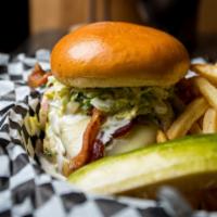 Pickled Chicken Sandwich · Brined grilled chicken breast, bacon, smashed avocado, pickle slaw, Jack cheese.
