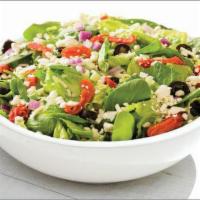 Mediterranean Salad · Romaine lettuce and fresh spinach topped with black olives, sun-dried tomatoes, mixed onions...