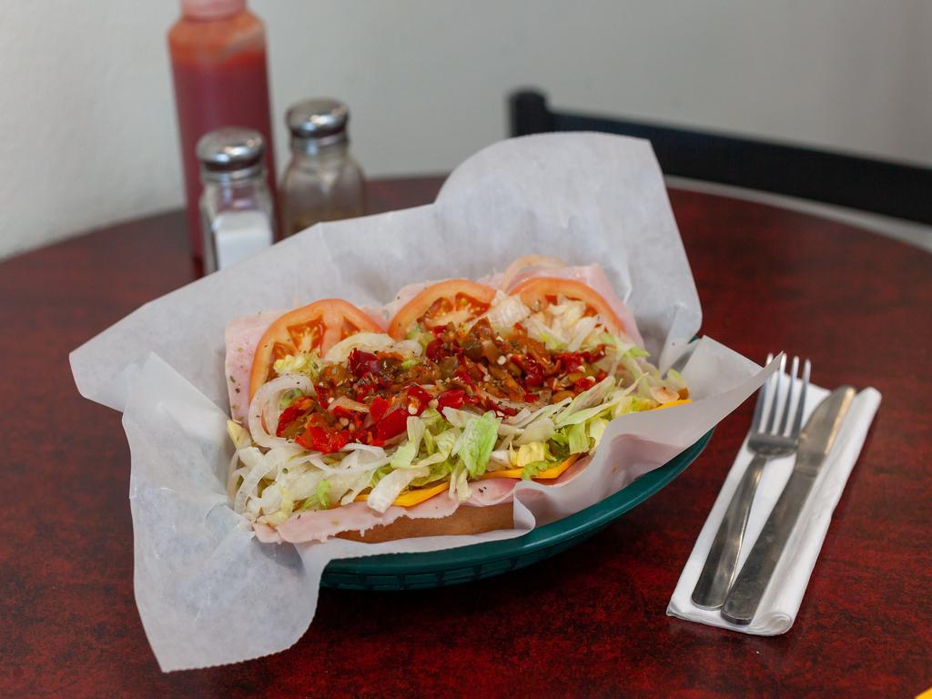 Ham and Cheese Hoagie · Ham with American cheese, tomato, lettuce, onions, sweet cherry peppers, oil, and spices.
