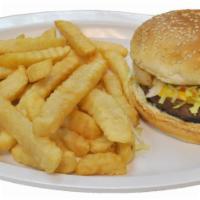 Hamburguesa con Queso Sencilla · 1/4 lb. cheese burger. Served with mustard, ketchup, mayonnaise, lettuce, tomato and french ...