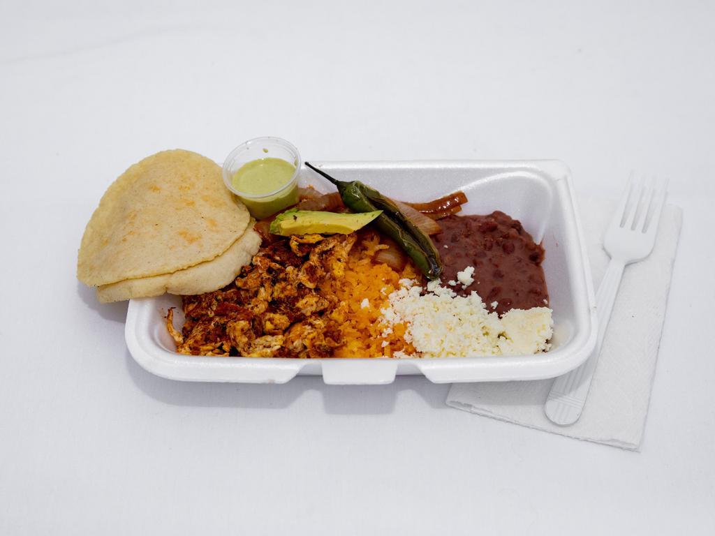 Eggs and beef · Eggs with beef with Rice, red beans, sour cream, cheese, corn tortillas, onion and roasted serrano peppers.