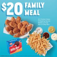 Family Deal · 12 Chicken Strips, 4 Dipping Sauces, Basket of Fries and Box of Dilly Bars