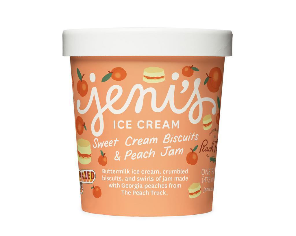 Sweet Cream Biscuits and Peach Jam by Jeni's Splendid Ice Cream · By Jeni's Splendid Ice Cream. Buttermilk ice cream, crumbled biscuits, and swirls of jam made with Georgia peaches from The Peach Truck. Contains gluten and dairy. We cannot make substitutions.