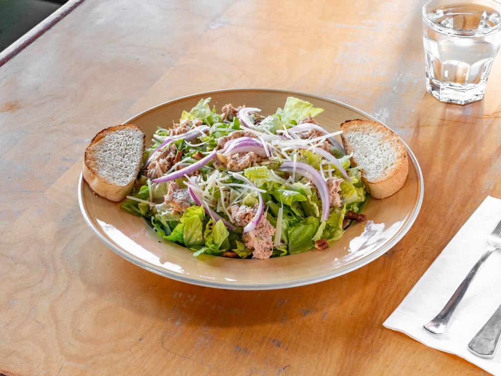 Seacliff Salad  · Crisp romaine lettuce, red onion, toasted pecan, tuna salad, parmesan cheese, olive oil, and balsamic vinegar. 