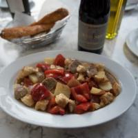 Vinegar, Peppers, Potatoes · Sauteed sausage and chicken with vinegar peppers, potatoes.