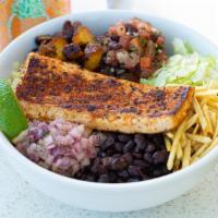 Rice Bowl · 1 Protein ＆ 1 Sauce with White OR Brown Rice and topped w/black beans, diced plantains, lett...