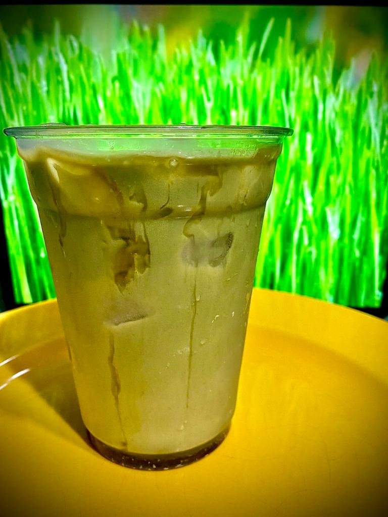 “The Grass is Greener” Omugi Wakaba  Iced Drink · 24 ounce. Baby barley leaf & almond milk iced Drink.
Topped with a condensed milk and honey drizzle!
Yummy and rich in fiber & Vitamins A, C & K 