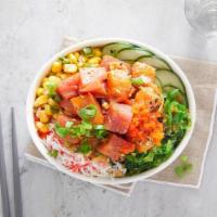 1. Ahi Tuna and Salmon · Includes: seaweed salad, imitation crab, corn, cucumber, masago, dry toppings, green onions,...