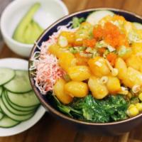 3. Spicy Scallop · Include: seaweed salad, imitation crab, corn, cucumber, masago, dry toppings, green onions, ...